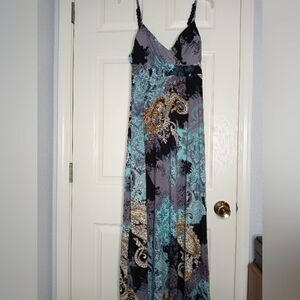 Essentials By Milano Sz M Womens Maxi Dress Paisley Green Beads Spaghetti
